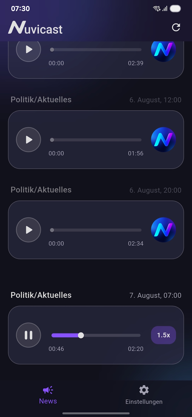 Screenshot der Nuvicast App