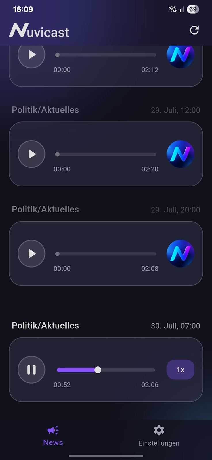 Screenshot der Nuvicast App